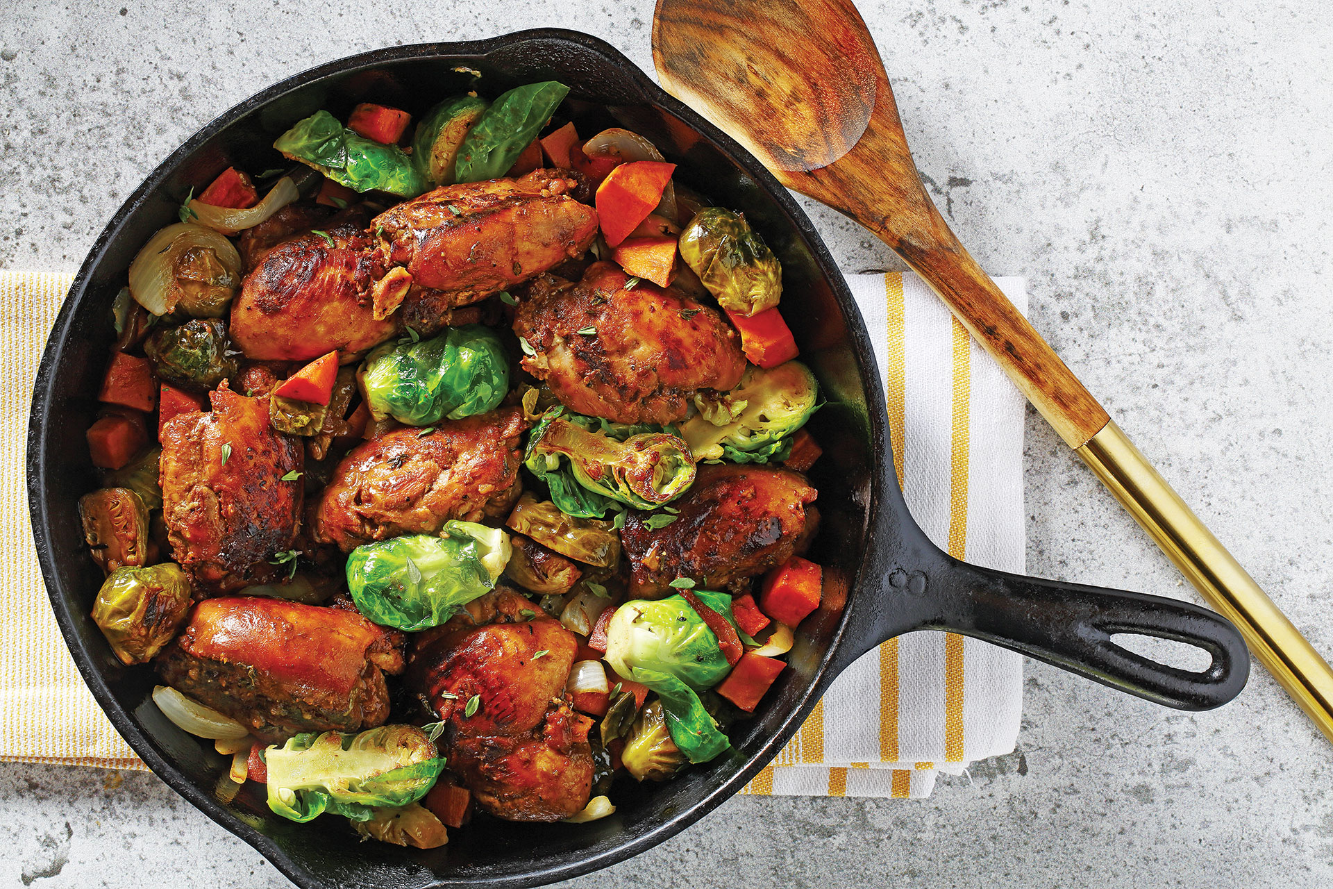 Balsamic Maple Chicken Skillet with Sweet Potatoes and Brussels Sprouts recipe